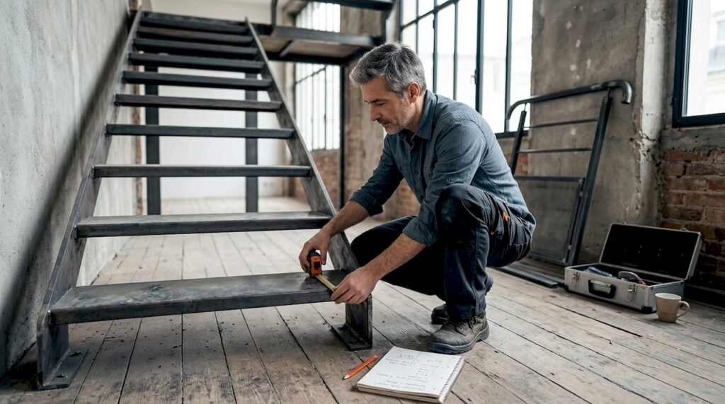 Un architecte d’intérieur prend les mesures d’un escalier en acier sur-mesure dans un loft.