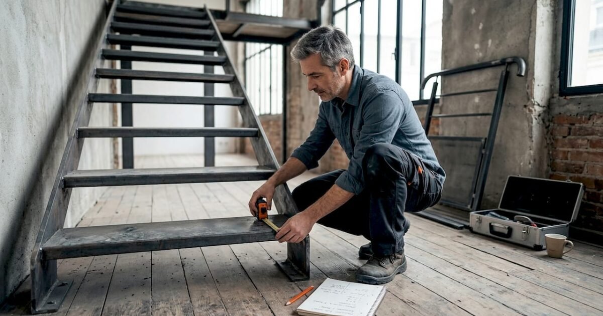 Un architecte d’intérieur prend les mesures d’un escalier en acier sur-mesure dans un loft.