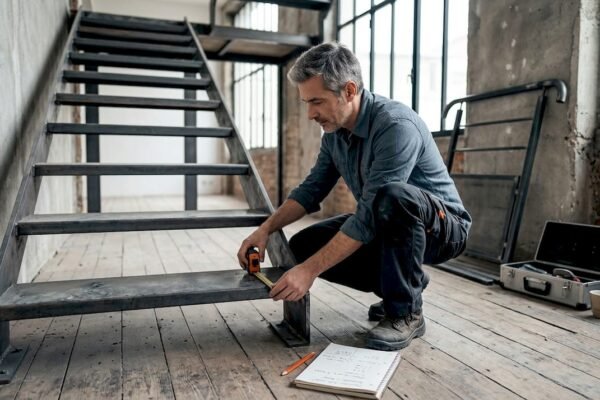 Un architecte d’intérieur prend les mesures d’un escalier en acier sur-mesure dans un loft.