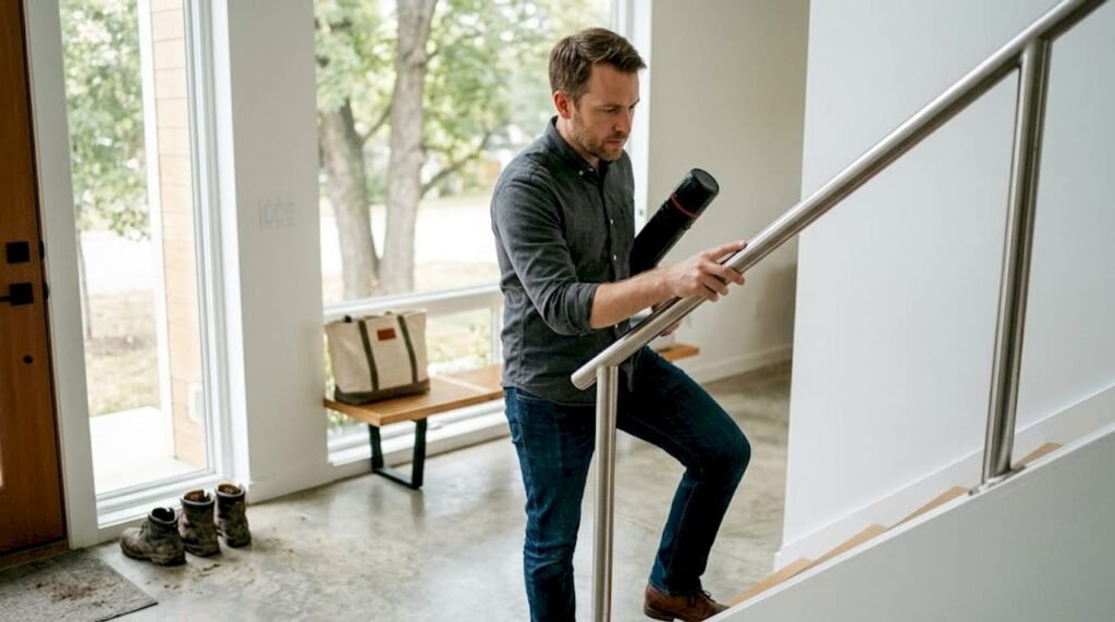 Un architecte examine attentivement un escalier moderne en acier.