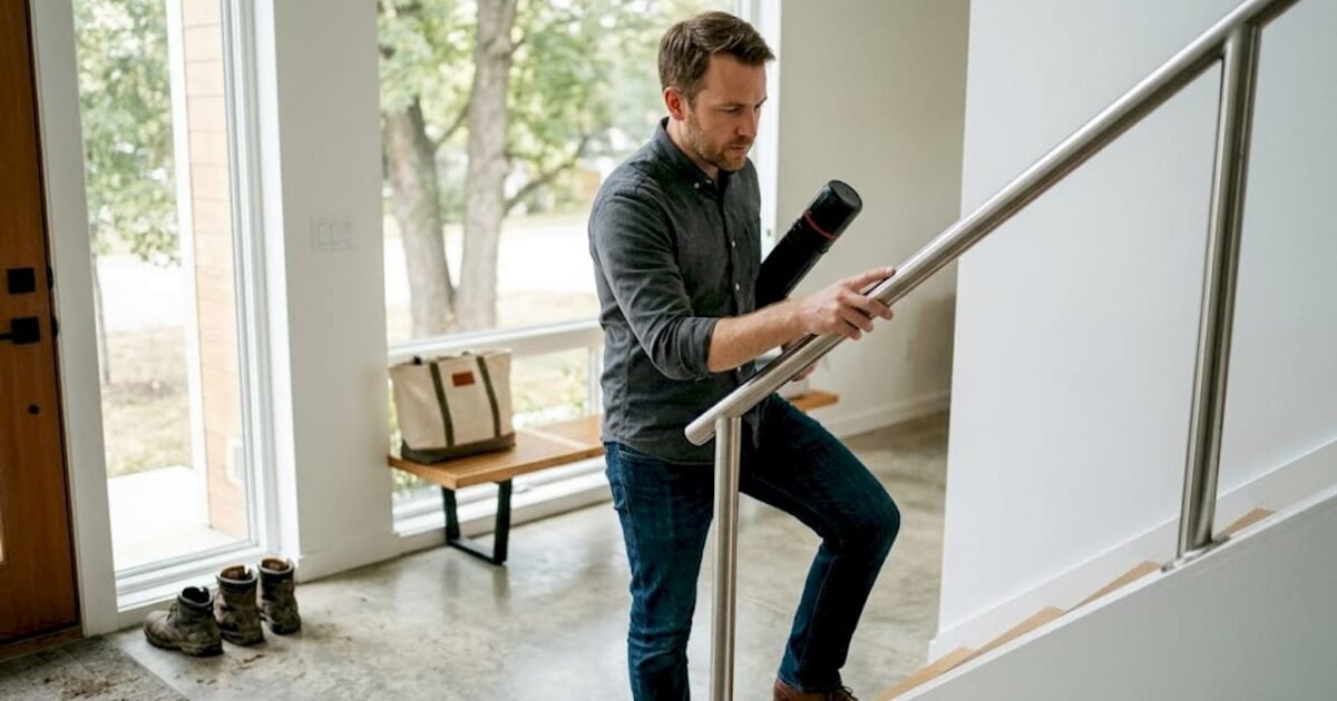 Un architecte examine attentivement un escalier moderne en acier.