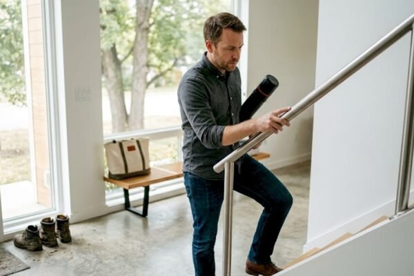 Un architecte examine attentivement un escalier moderne en acier.