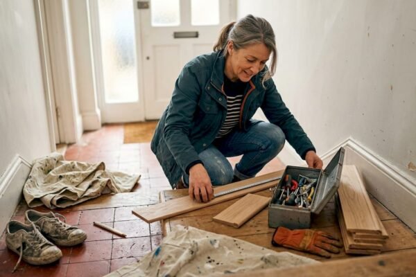 Un propriétaire se prépare à rénover son escalier en bois.