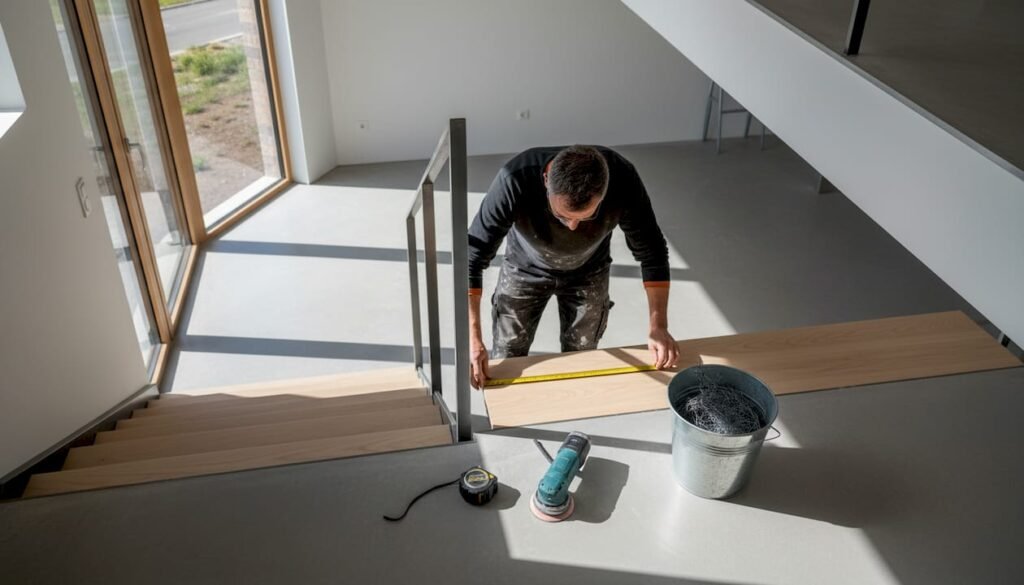 Un professionnel prend les mesures d’une marche d’escalier en acier pour garantir une installation parfaitement adaptée.