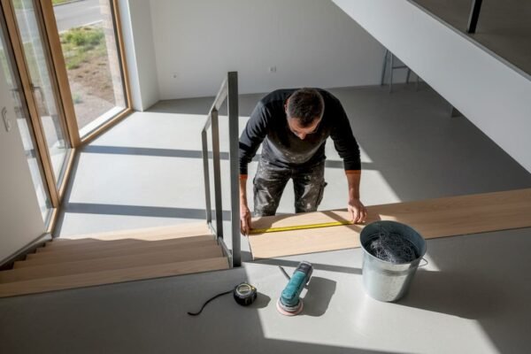 Un professionnel prend les mesures d’une marche d’escalier en acier pour garantir une installation parfaitement adaptée.