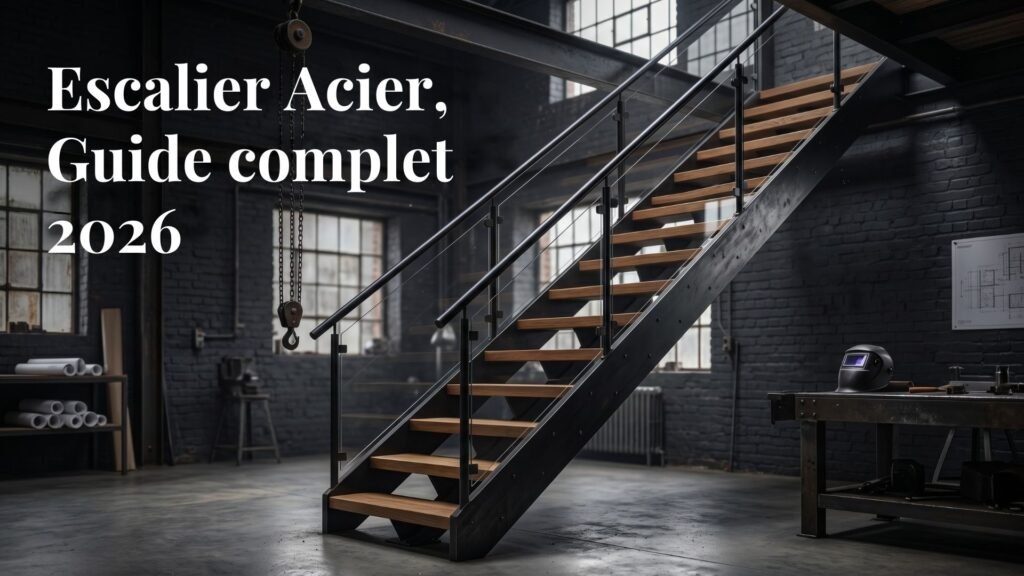 photo escalier acier design sur fond sombre / rendu atelier