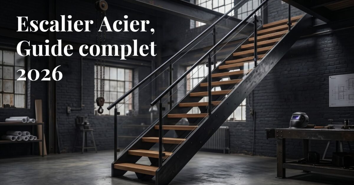 photo escalier acier design sur fond sombre / rendu atelier