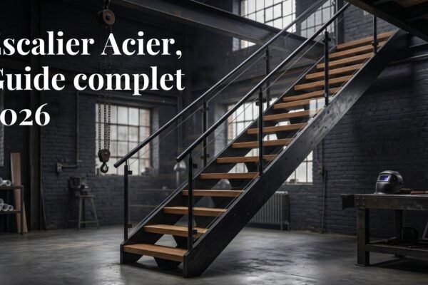 photo escalier acier design sur fond sombre / rendu atelier