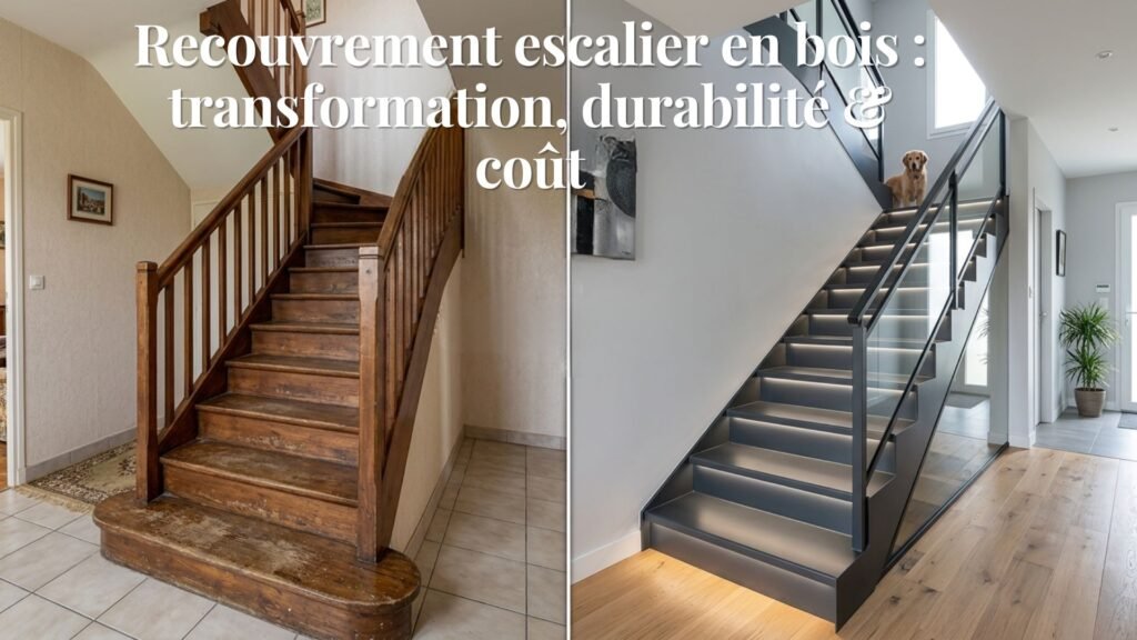 photo escalier bois avant/après recouvrement acier