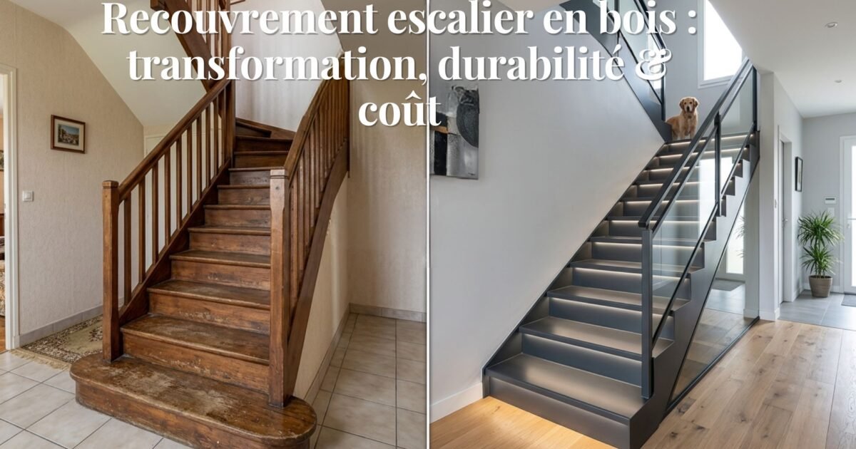 photo escalier bois avant/après recouvrement acier