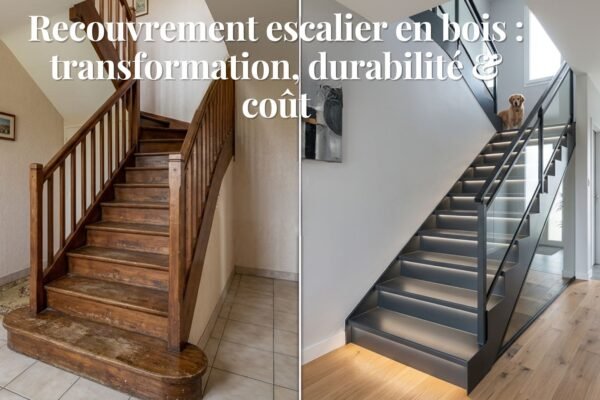 photo escalier bois avant/après recouvrement acier