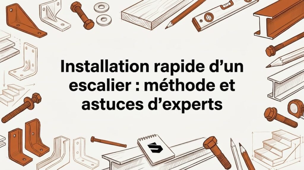 Carton de présentation réalisé à la main, illustré de croquis d’escaliers et d’outils
