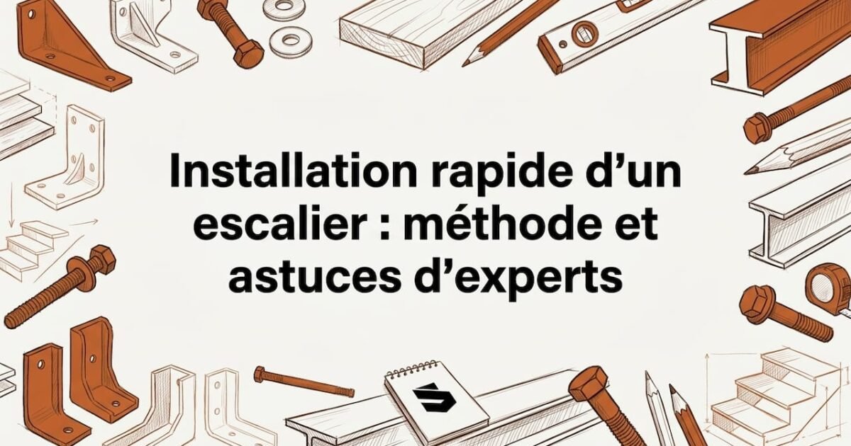 Carton de présentation réalisé à la main, illustré de croquis d’escaliers et d’outils