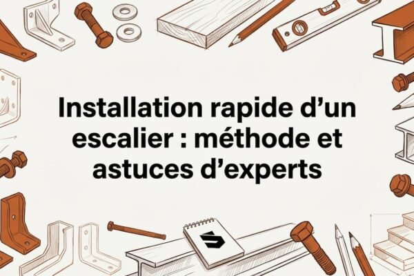 Carton de présentation réalisé à la main, illustré de croquis d’escaliers et d’outils