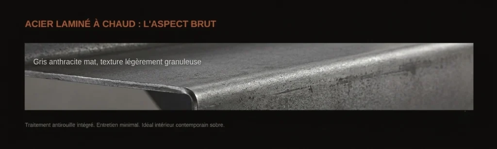Aspect d'une marche en acier laminé à chaud : gris anthracite mat, texture légèrement granuleuse