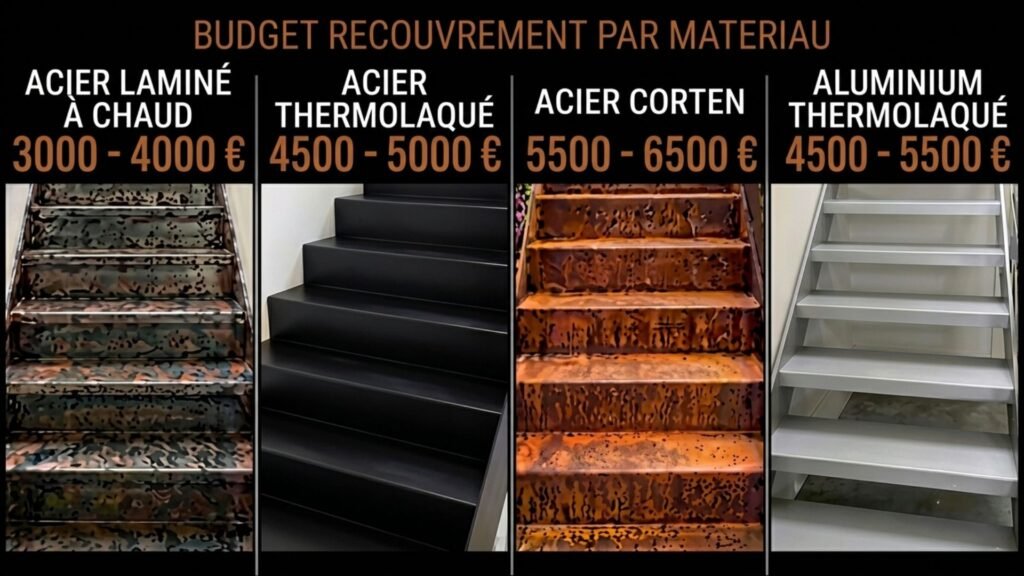 Comparatif des fourchettes de prix d'un recouvrement d'escalier droit par matériau : laminé, thermolaqué, corten, aluminium