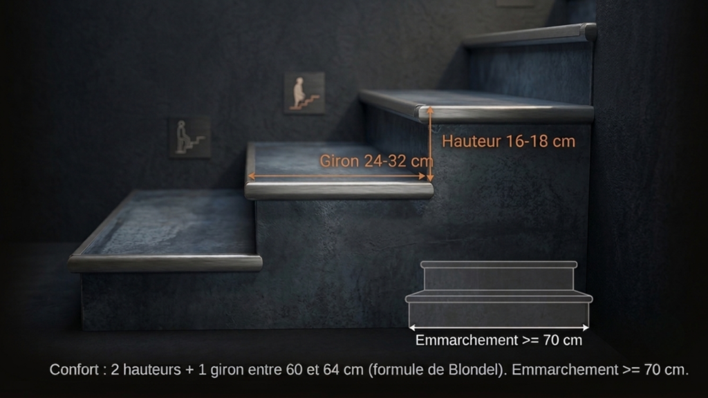 Schéma des dimensions d'une marche d'escalier : hauteur 16-18 cm, giron 24-32 cm, formule de Blondel