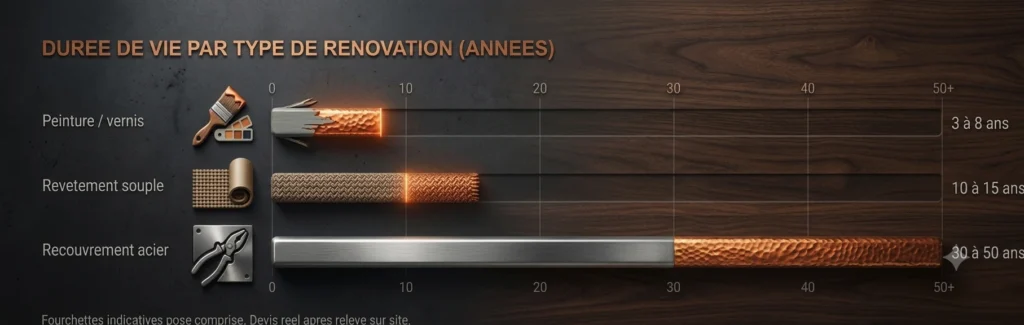 Comparatif de la durée de vie d'un escalier rénové selon la méthode : peinture, revêtement souple, recouvrement acier