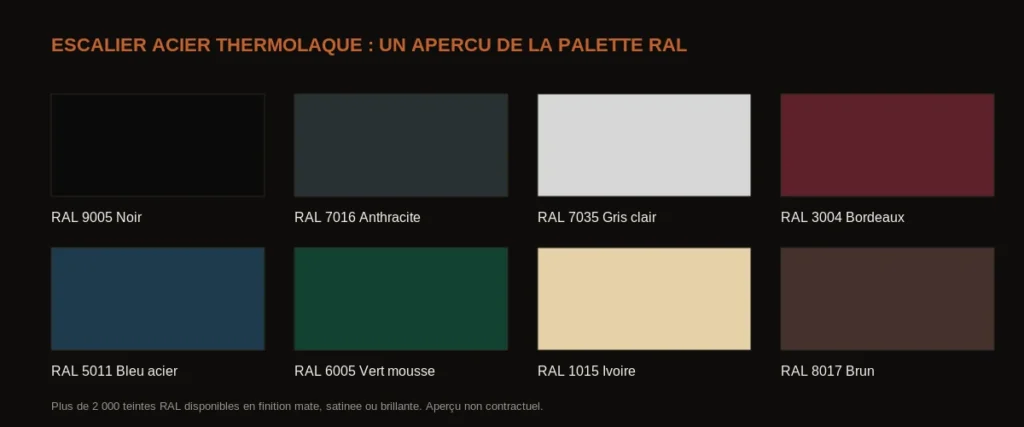 Aperçu de teintes RAL pour un escalier en acier thermolaqué : noir, anthracite, gris, bordeaux, bleu acier, vert mousse