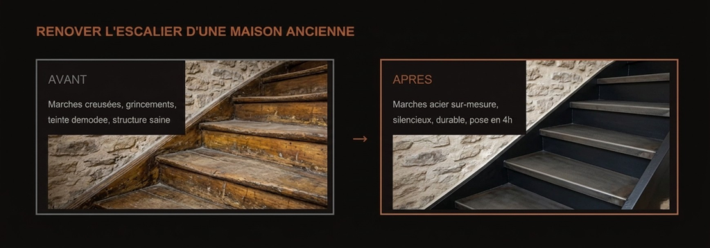 rénover un escalier dans une maison ancienne, avec un recouvrement en acier