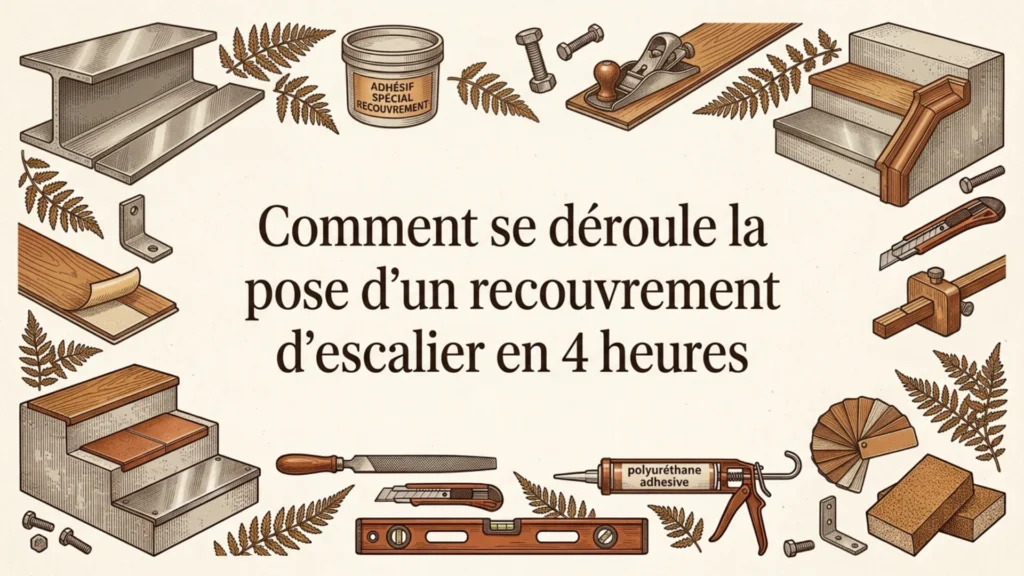 Comment se deroule la pose d'un recouvrement d'escalier ? Les 4 etapes, une pose en 4h et pourquoi l'escalier reste praticable le jour meme. Sans demolition.