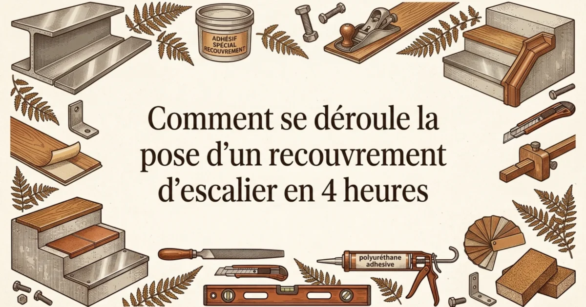 Comment se deroule la pose d'un recouvrement d'escalier ? Les 4 etapes, une pose en 4h et pourquoi l'escalier reste praticable le jour meme. Sans demolition.