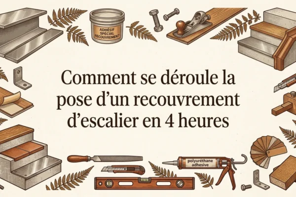 Comment se deroule la pose d'un recouvrement d'escalier ? Les 4 etapes, une pose en 4h et pourquoi l'escalier reste praticable le jour meme. Sans demolition.