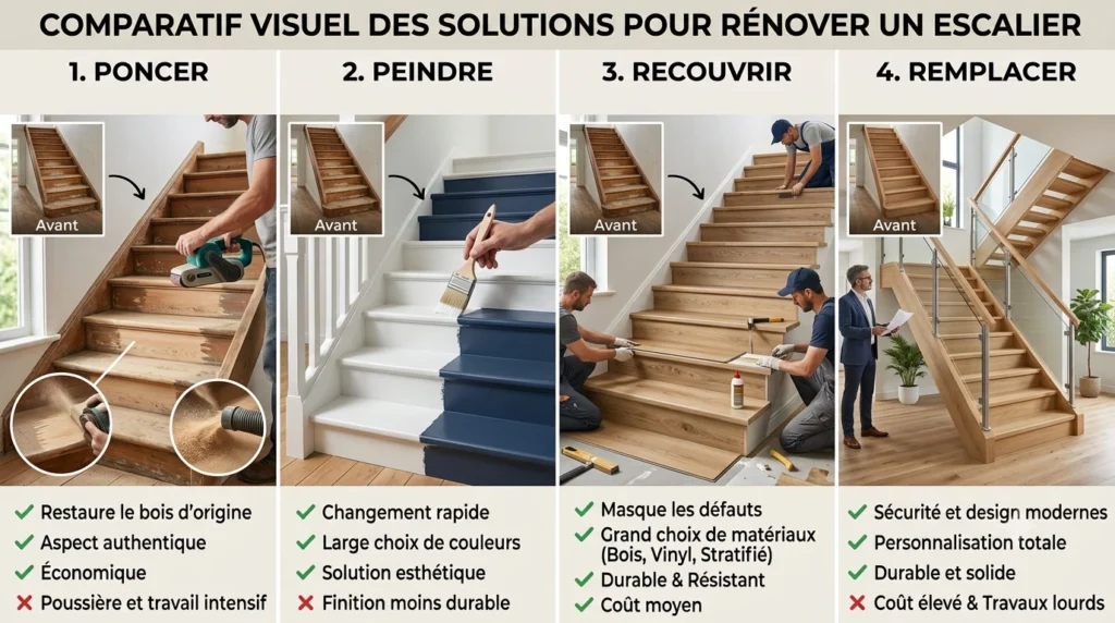 Comparatif visuel des quatre solutions pour rénover un escalier : poncer, peindre, recouvrir, remplacer