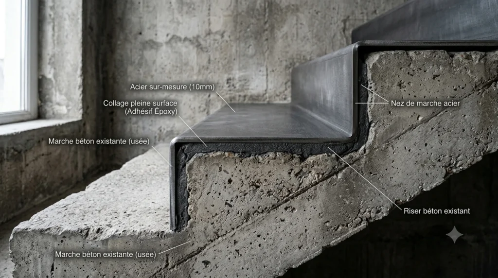 Coupe d'une marche acier sur-mesure collée en pleine surface sur une marche d'escalier existante