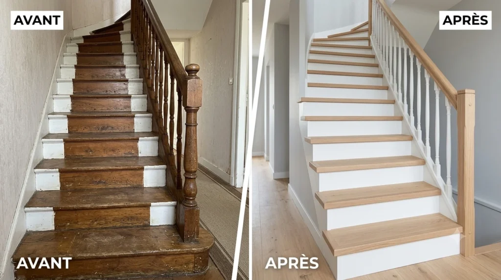 Renovation d'escalier en bois : solutions, prix et idees&nbsp;: le résultat après recouvrement, sans démolition.