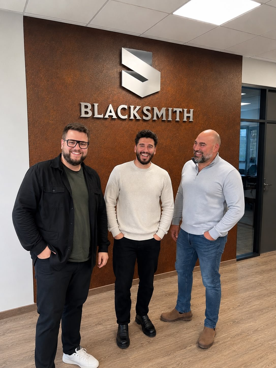 Les trois fondateurs de Blacksmith devant le logo de la marque