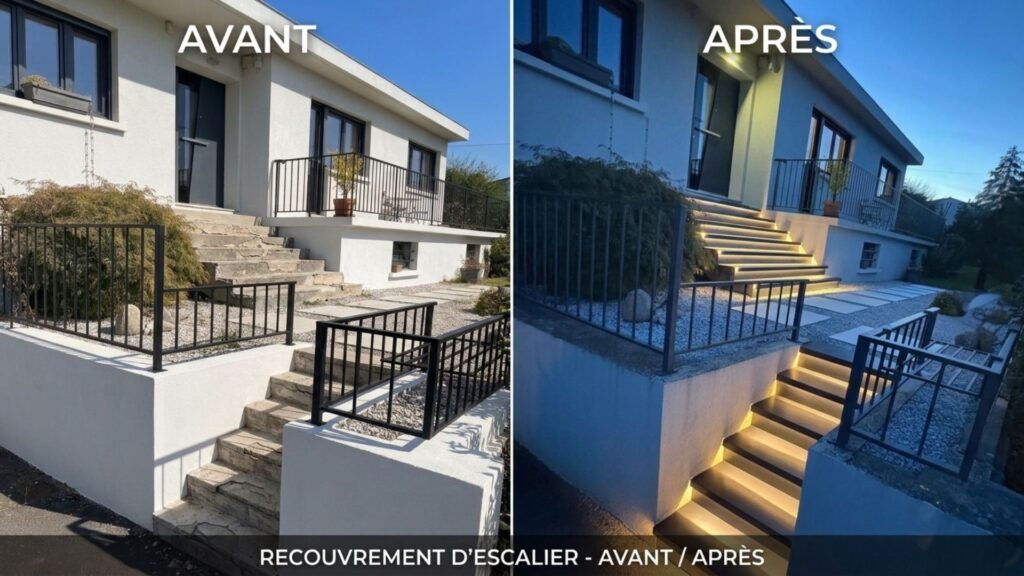 Avant après d'un escalier extérieur en béton fissuré recouvert en acier thermolaqué anthracite avec éclairage LED sous les nez de marche