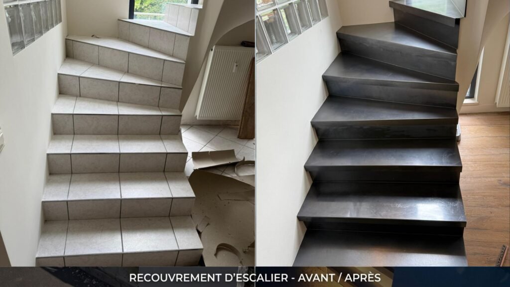 Avant après d'un escalier quart tournant carrelé beige recouvert de marches en acier thermolaqué