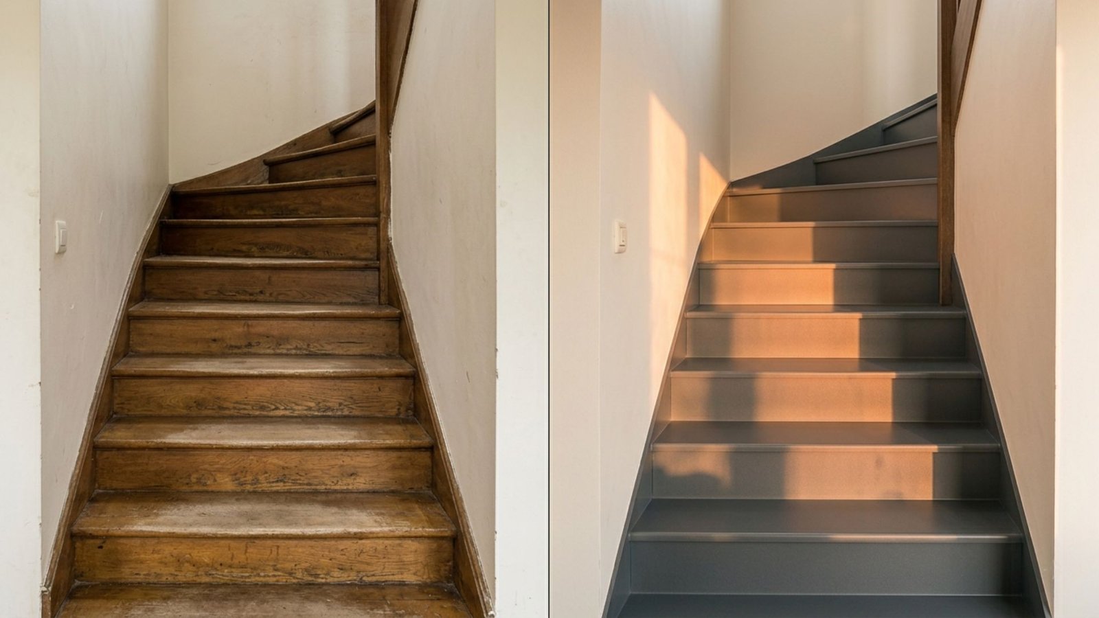 Habillage d'un escalier en bois use recouvert en acier, avant et apres