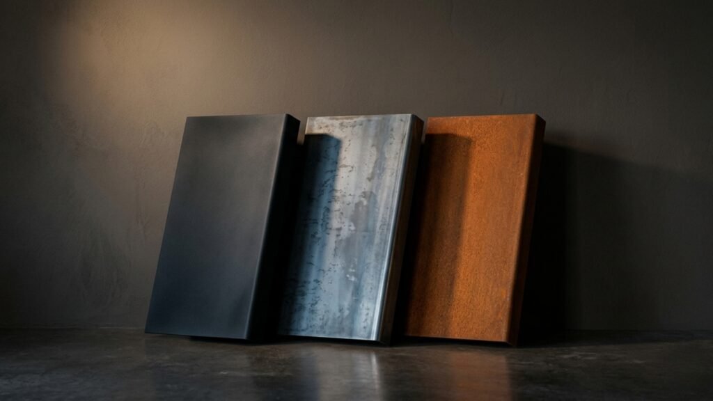 Quatre finitions d'escalier acier sur-mesure : thermolaqué, laminé à chaud, corten et aluminium thermolaqué