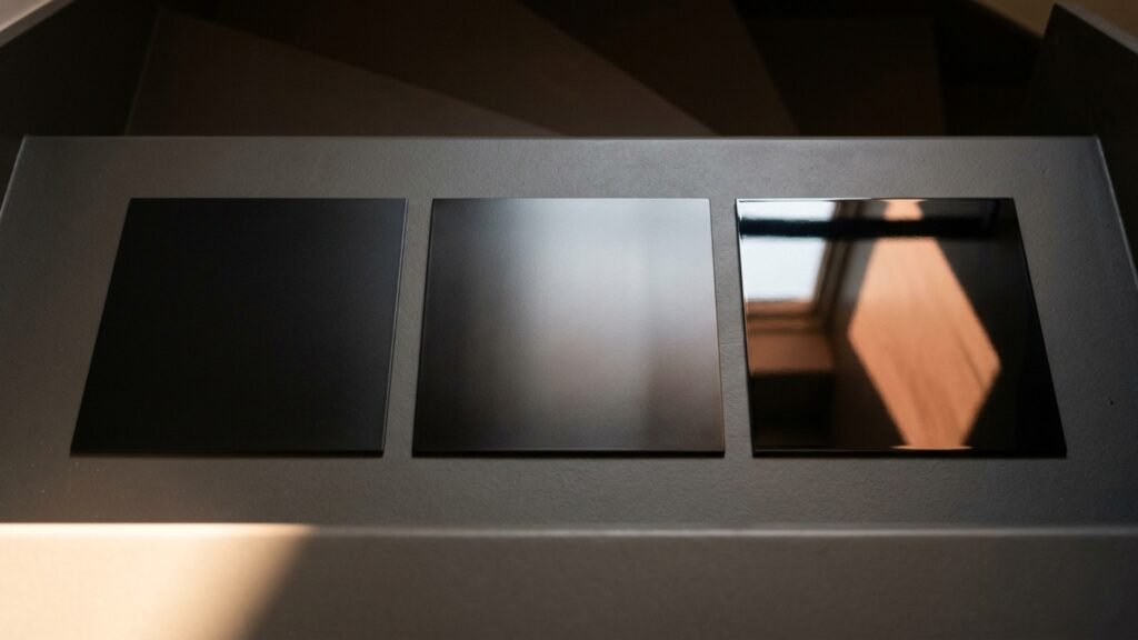 Comparaison des finitions mate, satinée et brillante sur une marche d'escalier acier noire