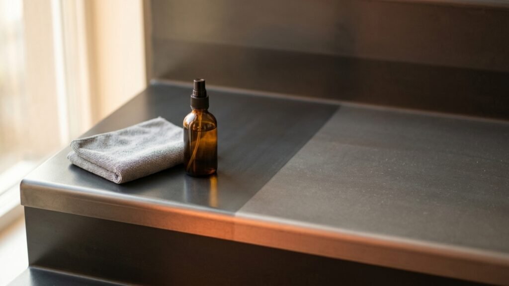 Entretien d'un escalier en acier : nettoyage au chiffon doux d'une marche thermolaquée