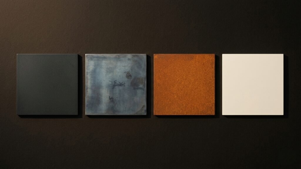 Les quatre finitions d'un escalier acier : thermolaqué, laminé à chaud, corten, aluminium
