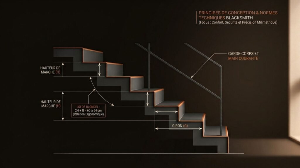 Schéma des normes d'un escalier : hauteur de marche, giron, loi de Blondel, garde-corps