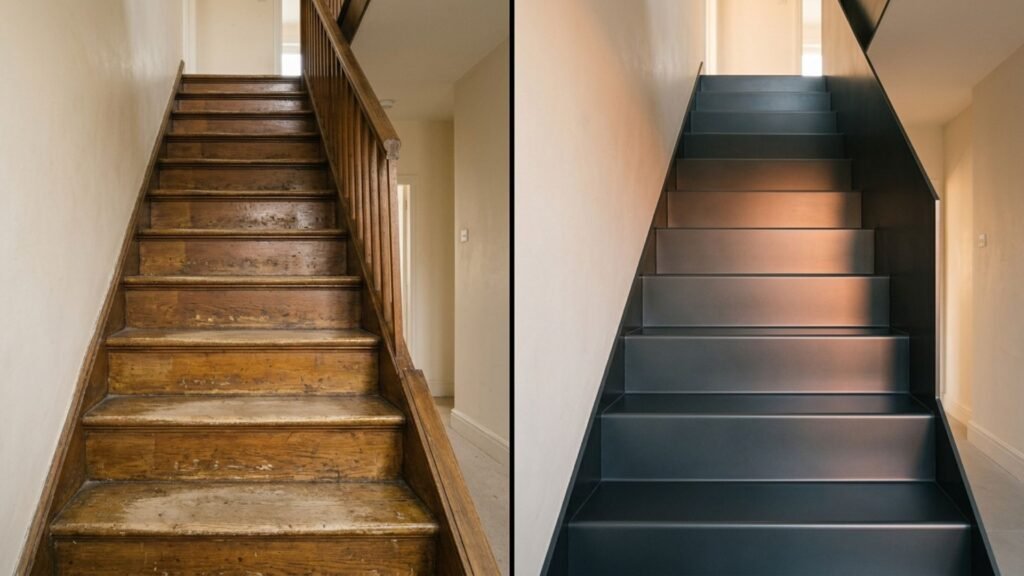 Escalier rénové par recouvrement acier comparé à un remplacement complet