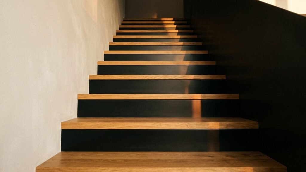 Contremarches d'escalier habillées en acier thermolaqué, contraste avec des marches bois