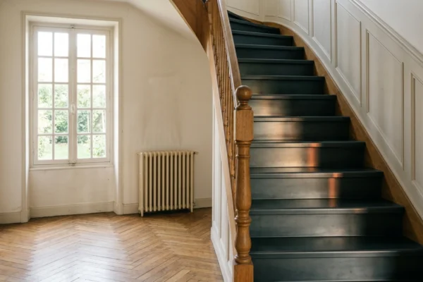 Escalier en bois avant et après habillage en acier sur mesure
