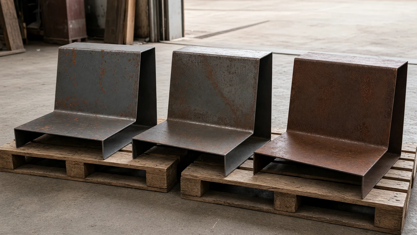 Acier corten en intérieur : coques de marche brutes, pré-patinées et vernies mat côte à côte