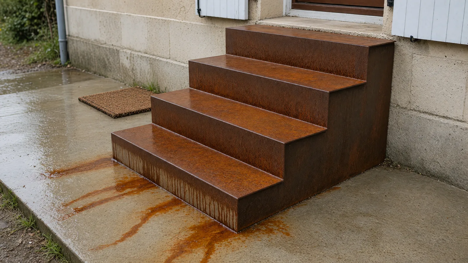 Inconvénient de l'acier corten : coulures de rouille sur une dalle béton claire