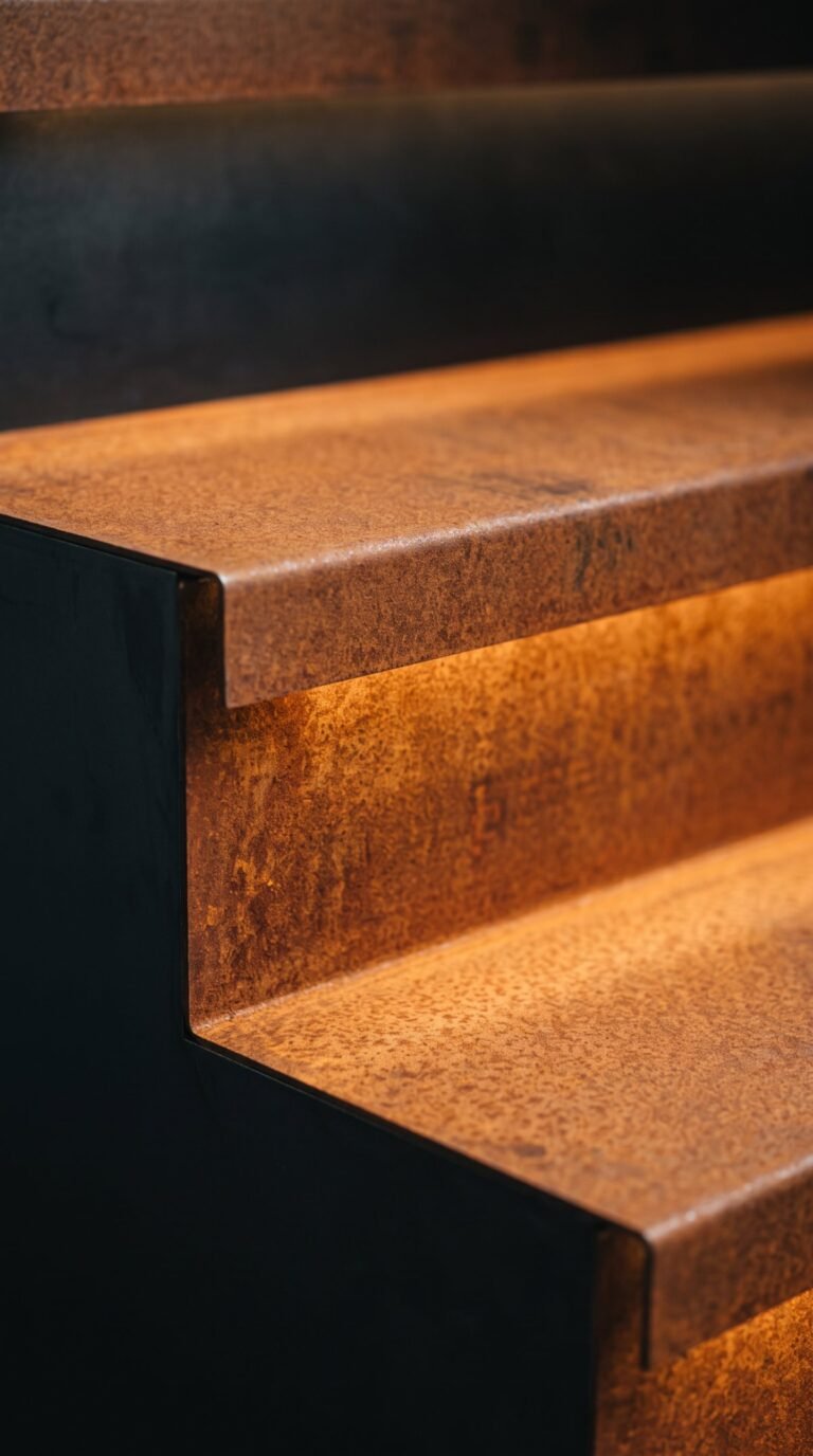 Marches d'escalier recouvertes d'acier corten, patine rouille et éclairage LED sous le nez de marche