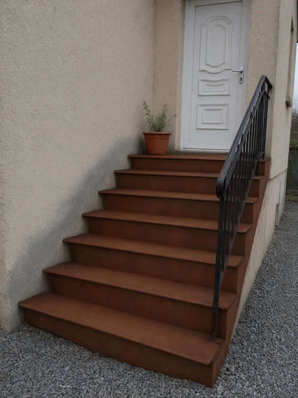Escalier extérieur en béton habillé de coques d'acier corten sur mesure