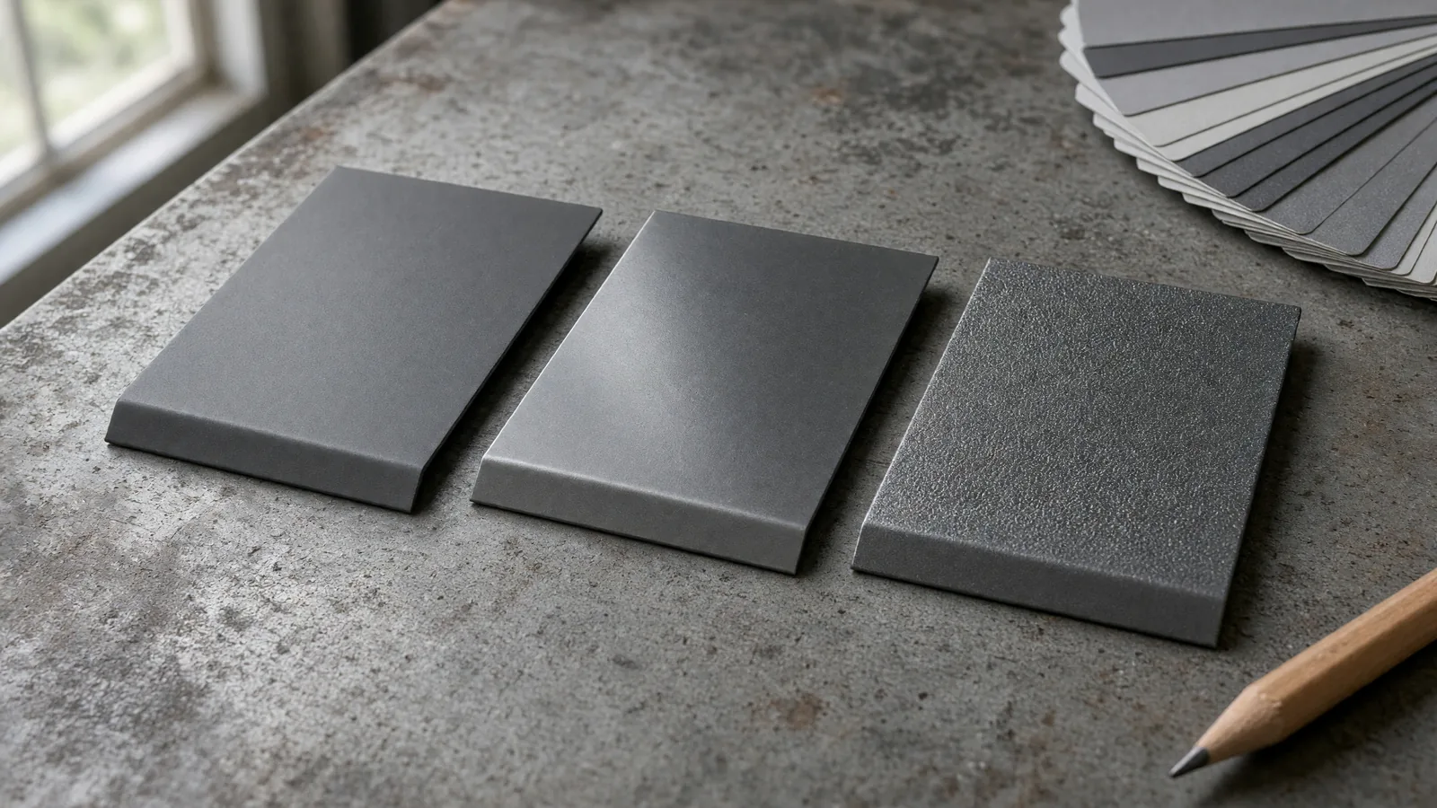 Peinture thermolaquée anthracite en finition mate, satinée et texturée sur échantillons d'acier